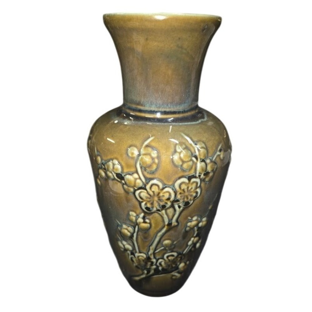 Hyalyn Porcelain USA 574 Brown Glazed Floral Relief Bud Vase 10 Inch Vintage